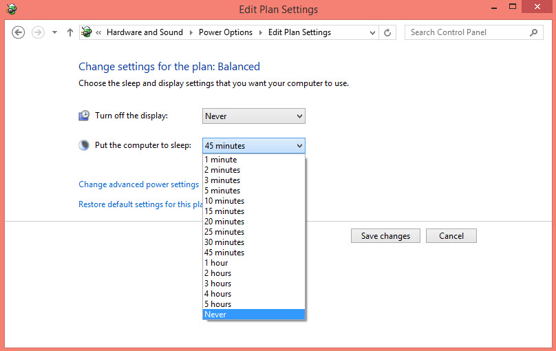 windows 8 sleep mode settings